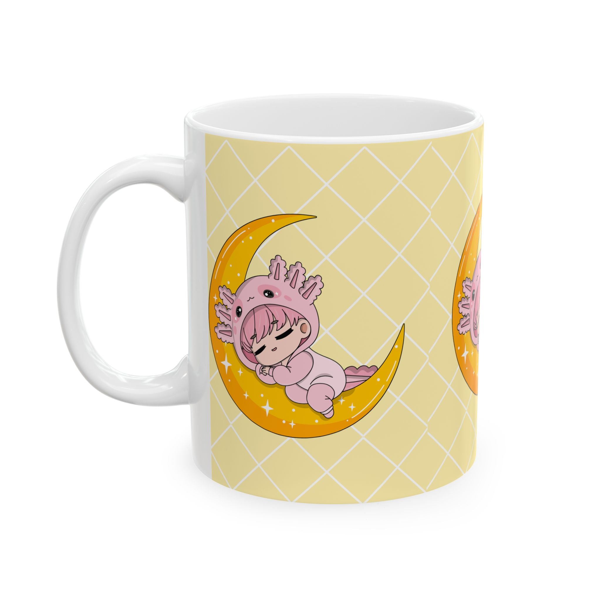 Axolotl Moon Ceramic Mug – Cute Sleeping Axolotl on Crescent Moon, 11oz & 15oz