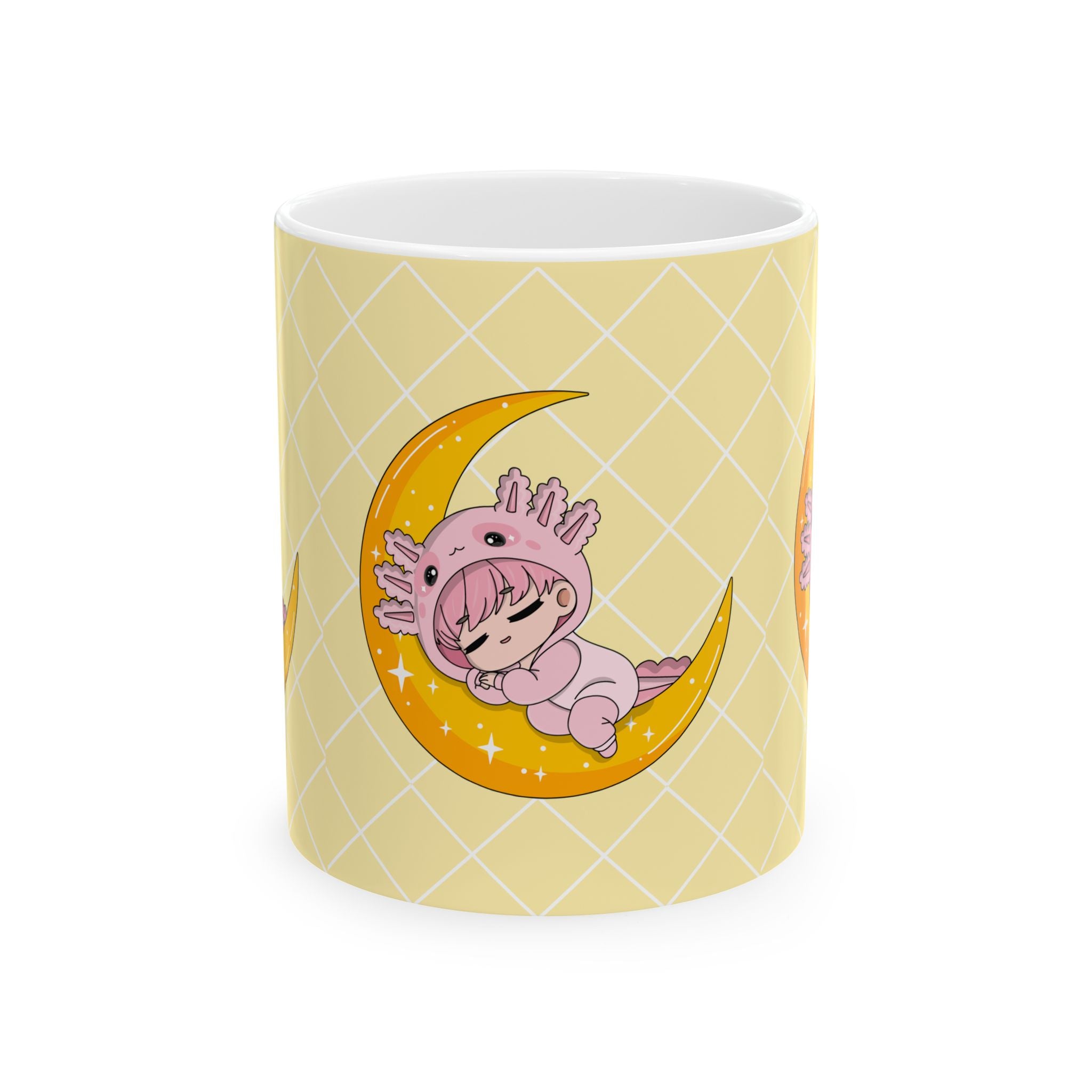 Axolotl Moon Ceramic Mug – Cute Sleeping Axolotl on Crescent Moon, 11oz & 15oz