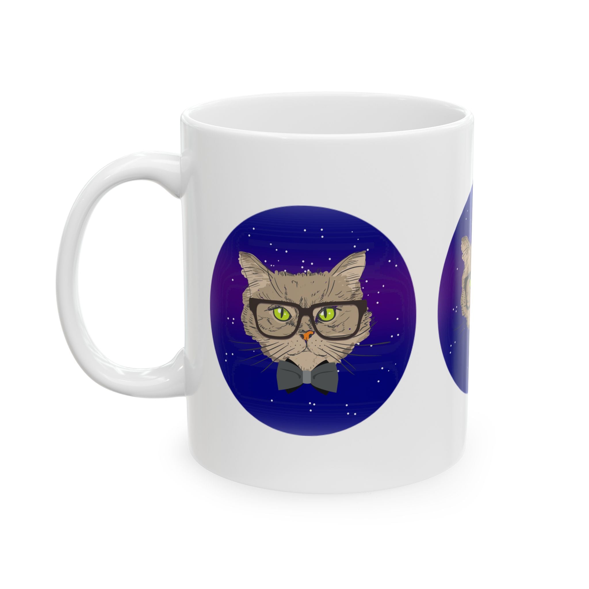 Cat Nerd Ceramic Mug — Geeky Cat with Glasses & Bow Tie (11oz, 15oz)