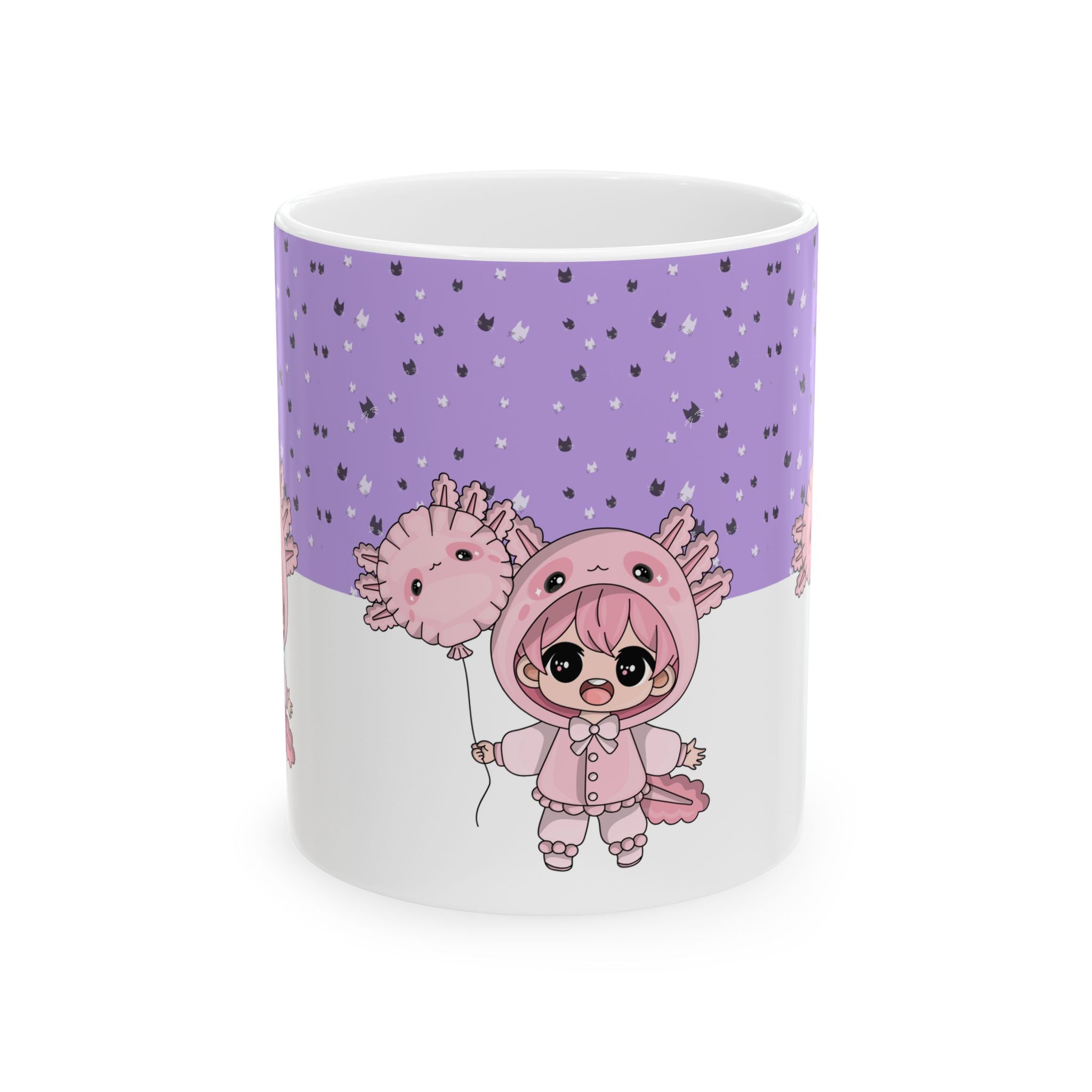 Axolotl Kawaii Ceramic Mug — Cute Pink Chibi Character on Purple Starry Background (11oz/15oz)
