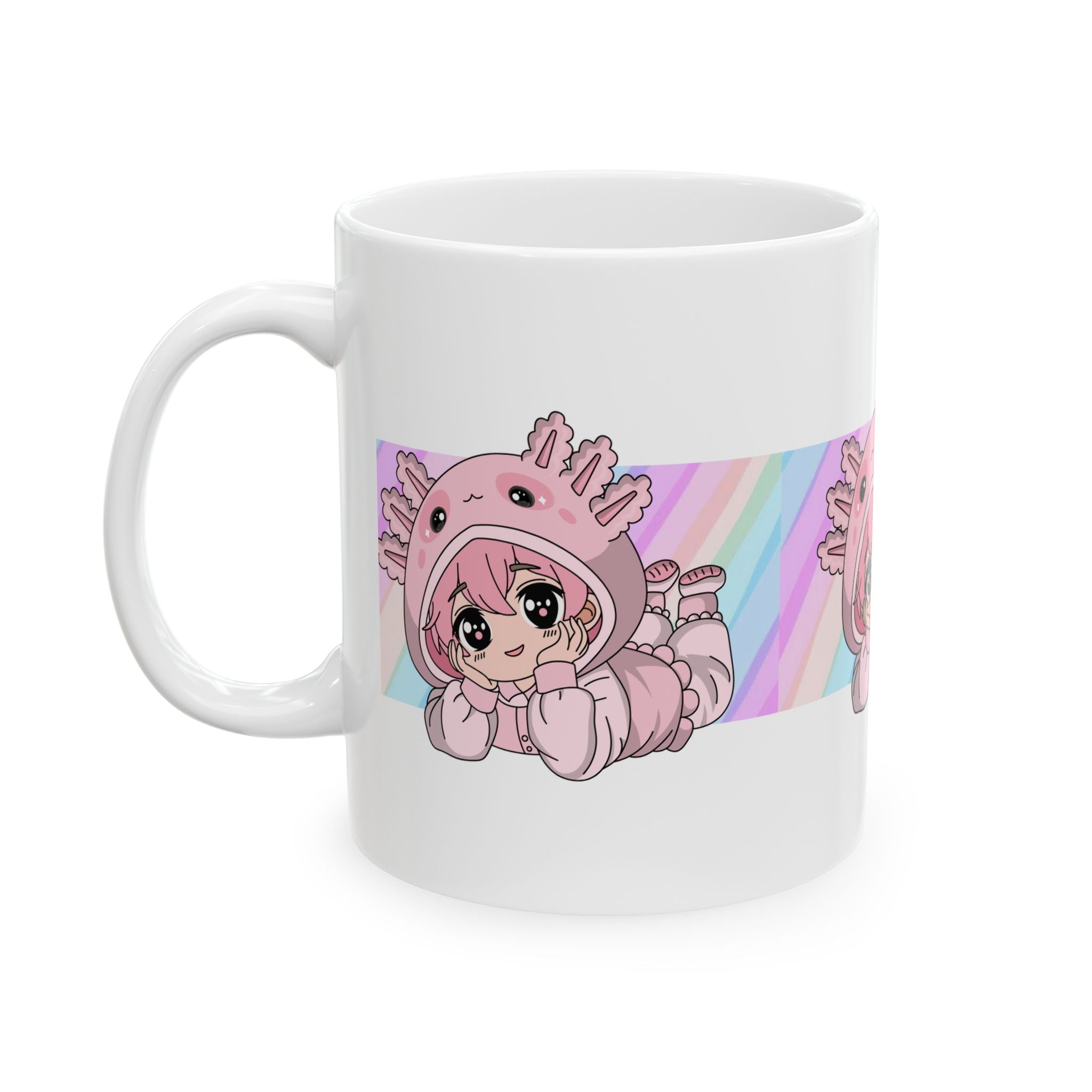 Axolotl Kawaii Ceramic Mug — Cute Pink Anime Girl Design (11oz & 15oz)