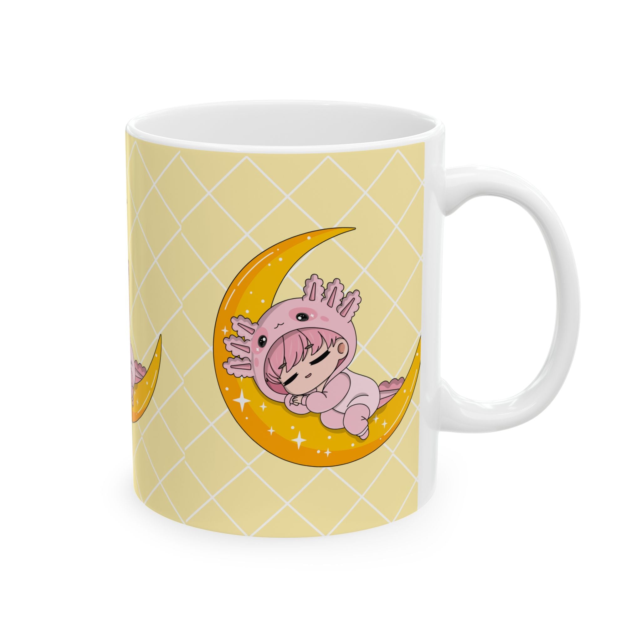 Axolotl Moon Ceramic Mug – Cute Sleeping Axolotl on Crescent Moon, 11oz & 15oz