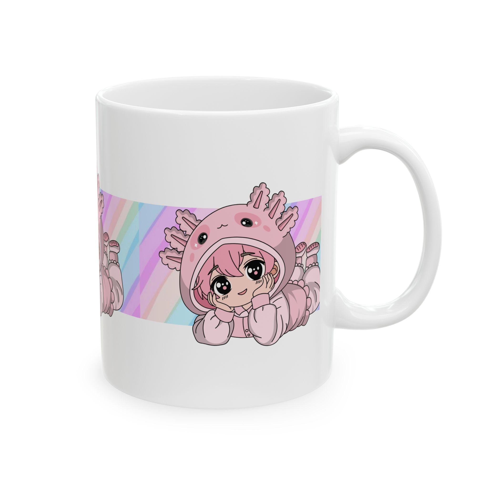 Axolotl Kawaii Ceramic Mug — Cute Pink Anime Girl Design (11oz & 15oz)