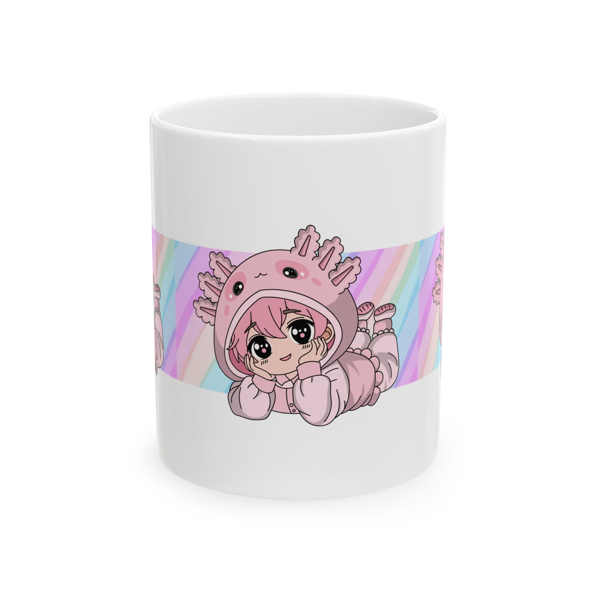 Axolotl Kawaii Ceramic Mug — Cute Pink Anime Girl Design (11oz & 15oz)