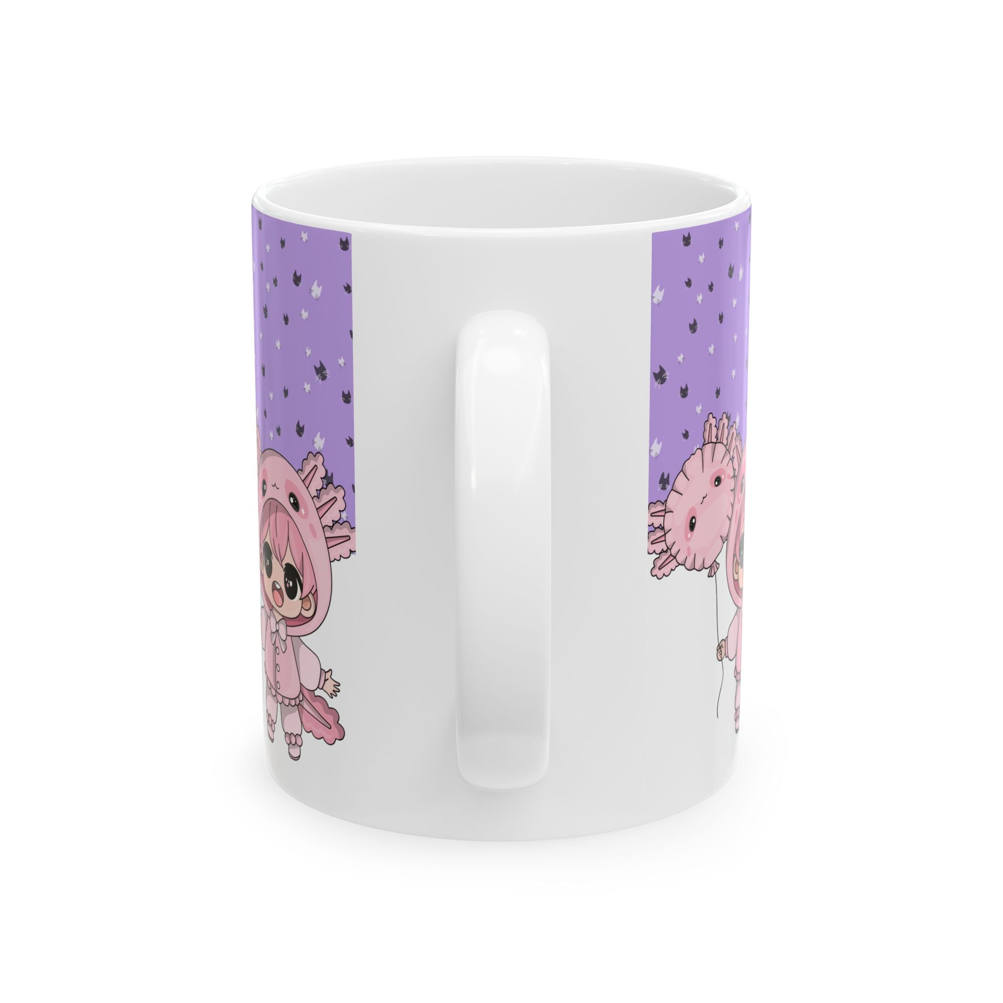 Axolotl Kawaii Ceramic Mug — Cute Pink Chibi Character on Purple Starry Background (11oz/15oz)